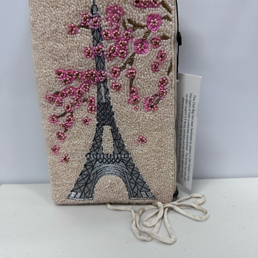 Pink and Cream Eiffel Tower Beaded Bag NEW Clutch Crossbody - Picture 2 of 3